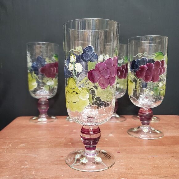 6 Vintage 1990's Crackled Glass Hand Painted Grapes Water or Iced Teas Glasses - Picture 6 of 10